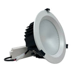 White LED downlight with black heat sink and mounting bracket, shown isolated against white background.