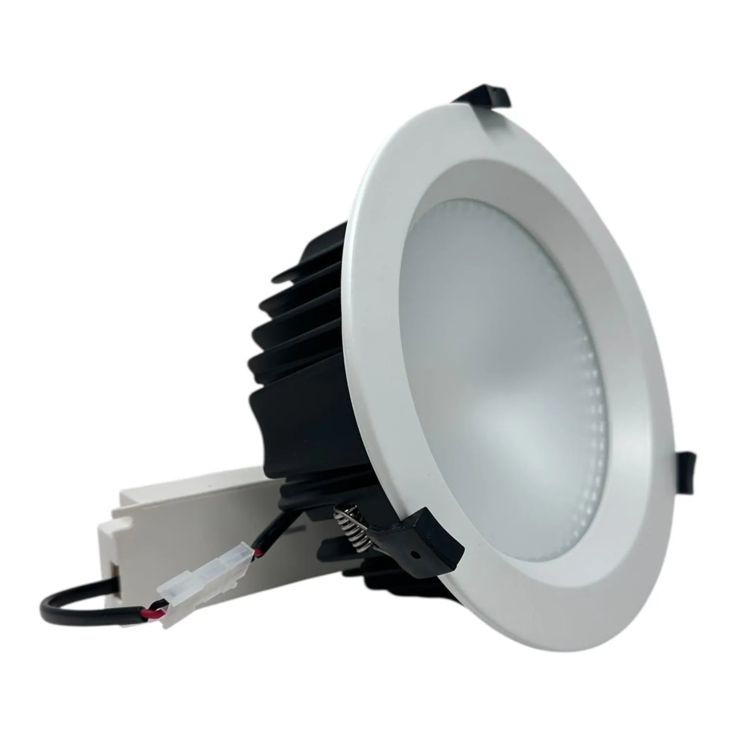 White LED downlight with black heat sink and mounting bracket, shown isolated against white background.