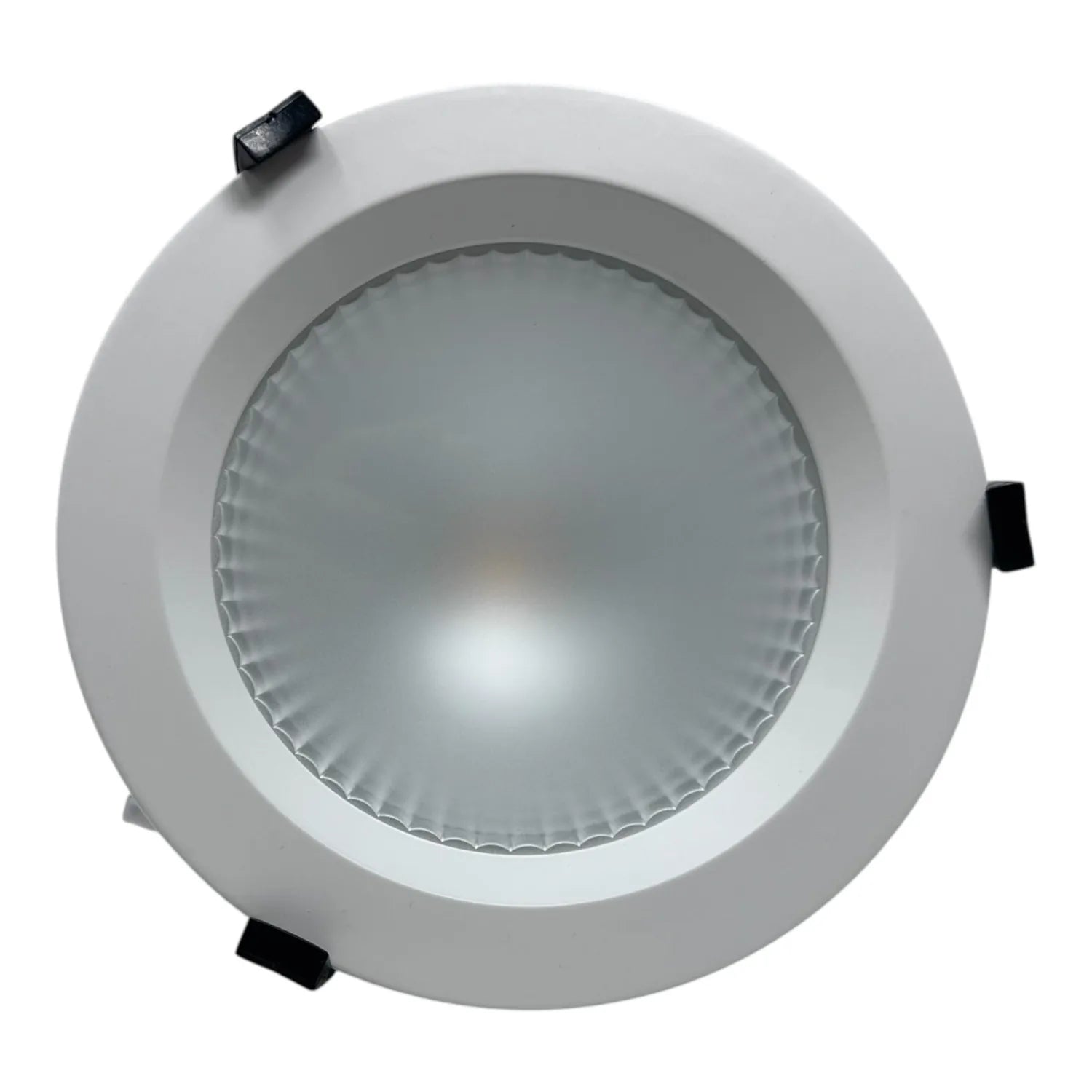 White recessed LED downlight with frosted diffuser and mounting tabs, shown against white background.