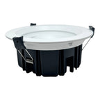 White and black recessed LED downlight fixture with spring clips and mounting hardware, product photo on white background.