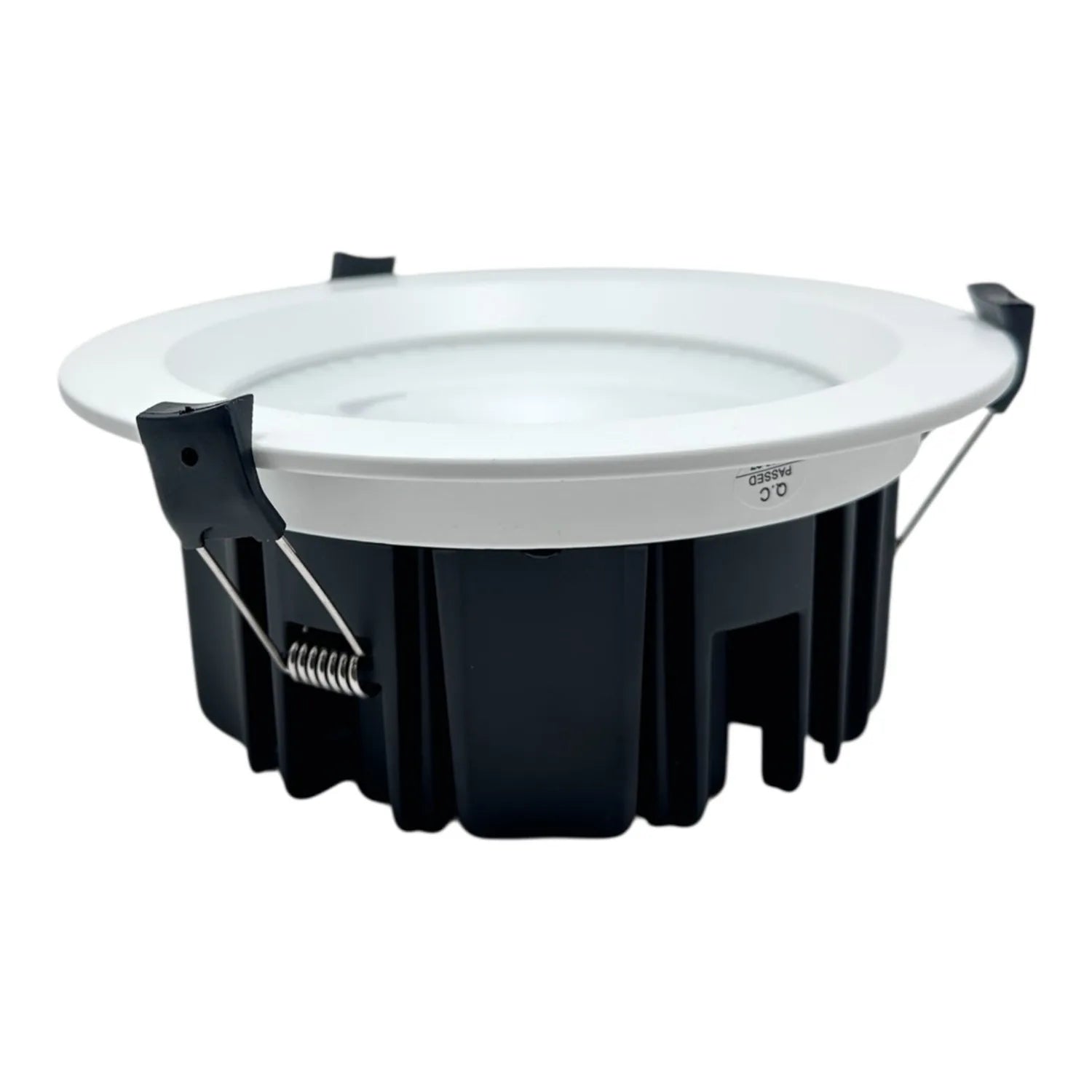 White and black recessed LED downlight fixture with spring clips and mounting hardware, product photo on white background.