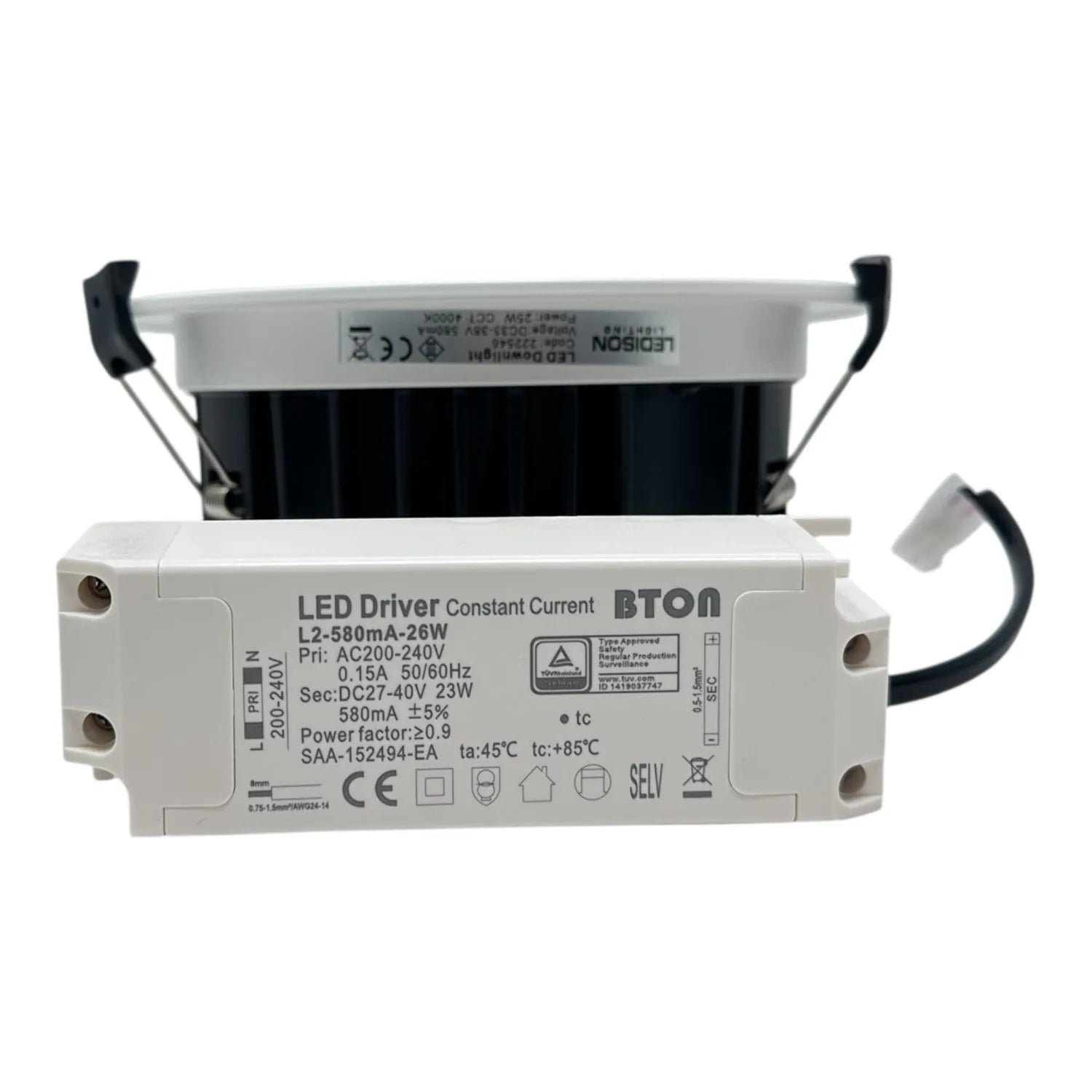 LED driver constant current unit L2-580mA-26W with white casing and black connectors, displayed with recessed downlight fixtu