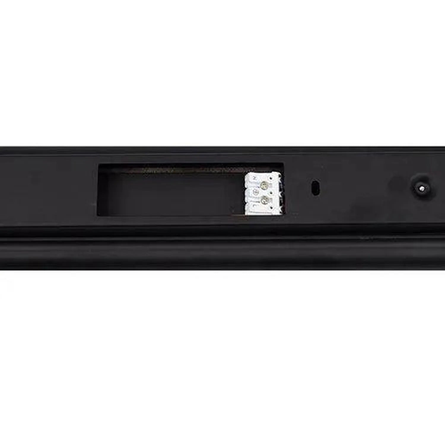 Black LED batten light fixture showing rear view with terminal block connector and mounting hardware visible.