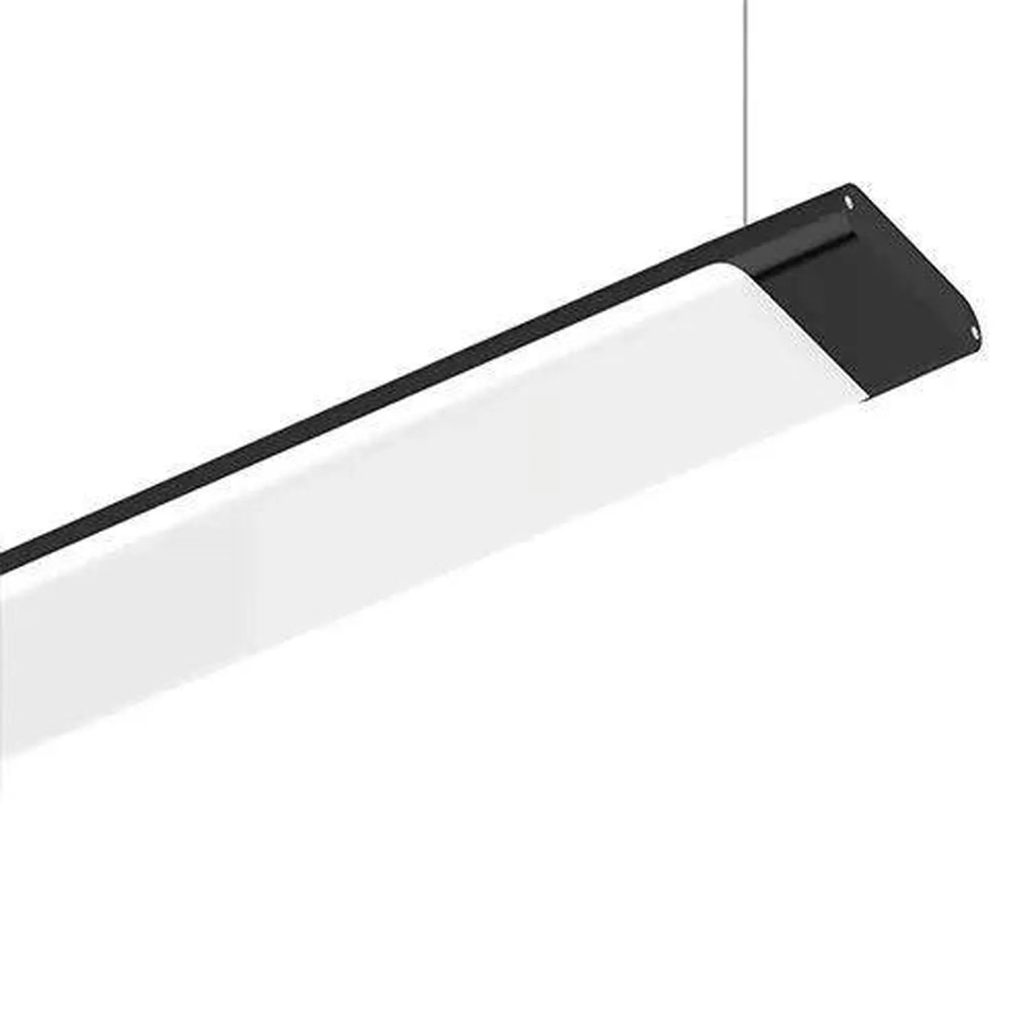Black and white LED batten light suspended from ceiling, angled view showing elongated fixture with diffuser and mounting har