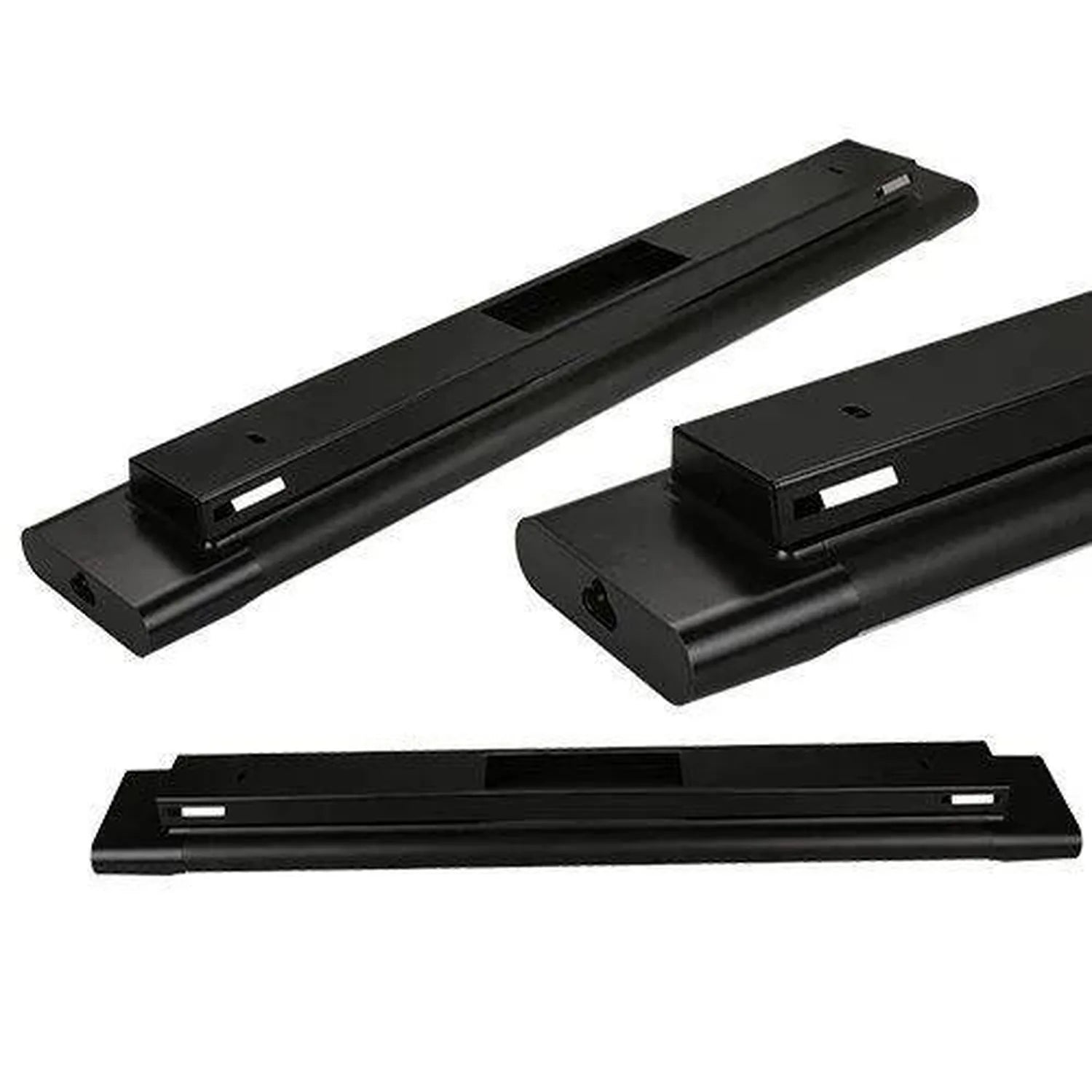 Three black LED batten light fixtures shown from different angles displaying the elongated design and mounting hardware.