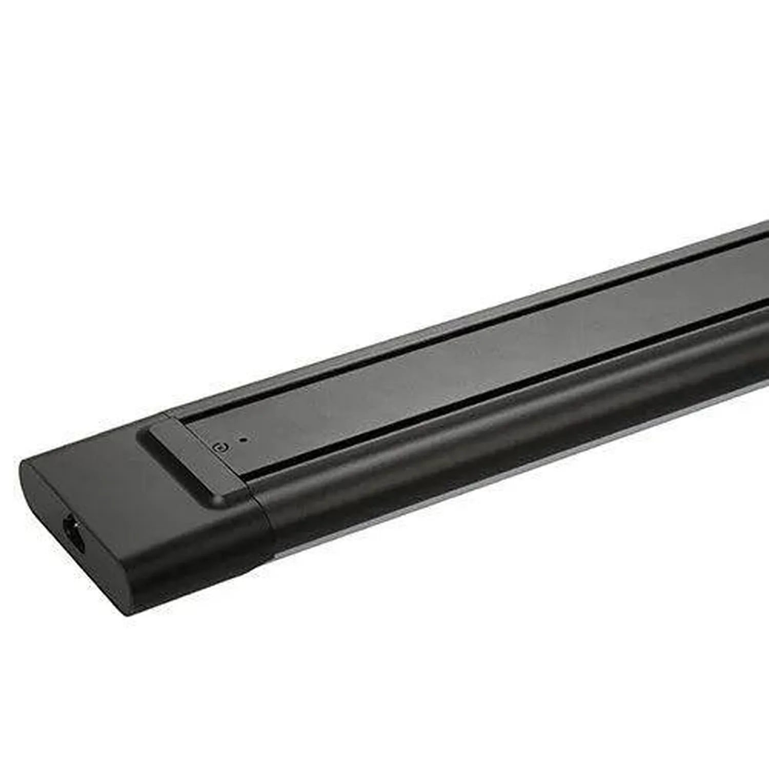 Black LED batten light with mounting bracket shown at an angle against white background.