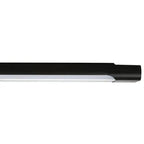 Close-up of LED batten light showing black housing with white diffuser tube and tapered end cap.