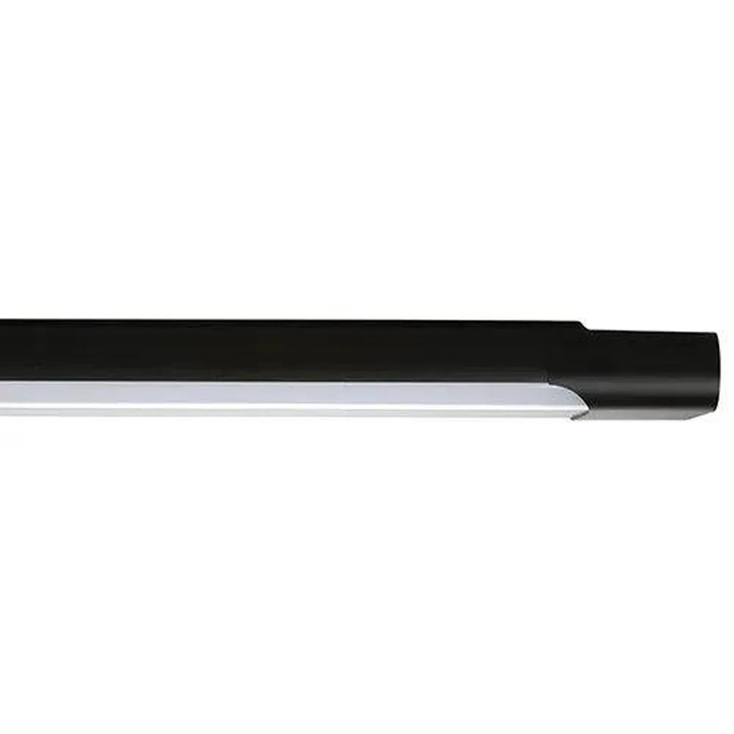 Close-up of LED batten light showing black housing with white diffuser tube and tapered end cap.