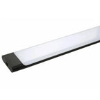LED batten light with black end cap and frosted diffuser on white background, product shot.