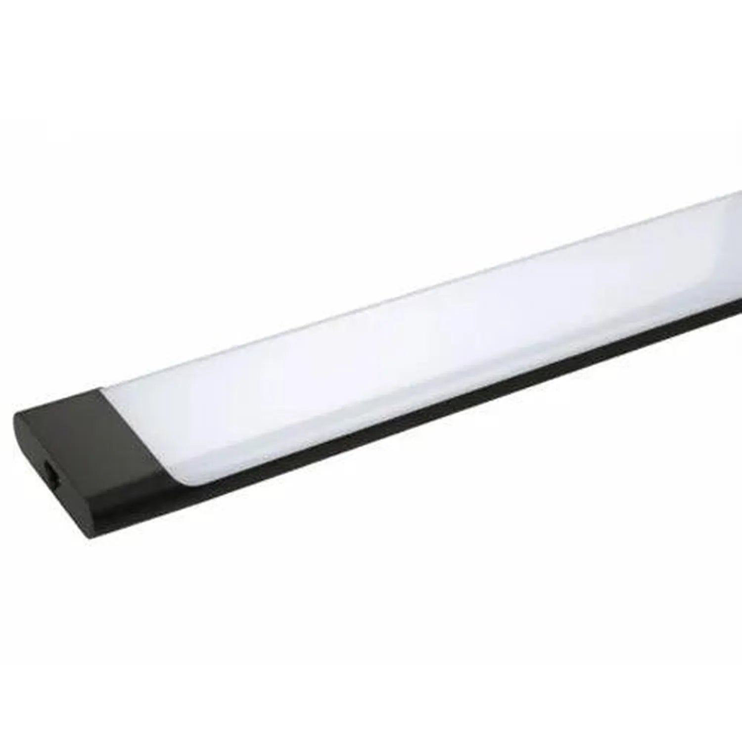 LED batten light with black end cap and frosted diffuser on white background, product shot.