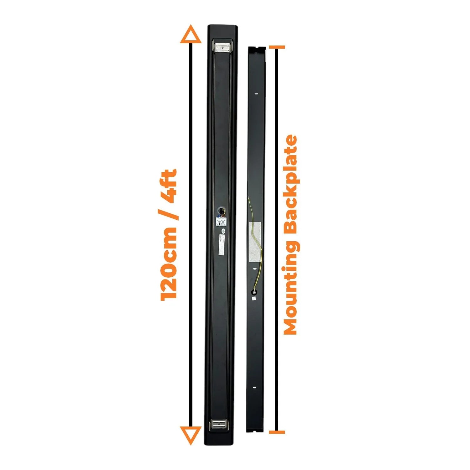 Dimension diagram showing 120cm / 4ft LED batten light with 9 backplate mounting specification.