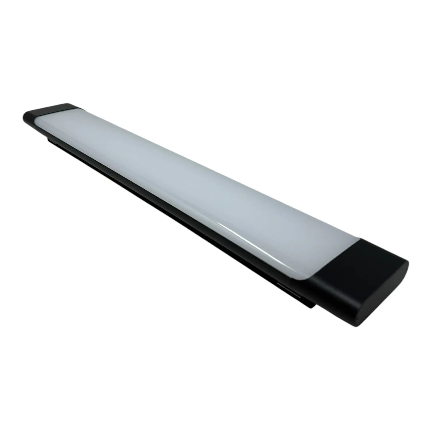 Linear LED batten light with frosted diffuser and black end caps, shown against white background.