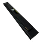 Black linear LED batten light with integrated fixture and yellow accent strip, angled product view against white background.