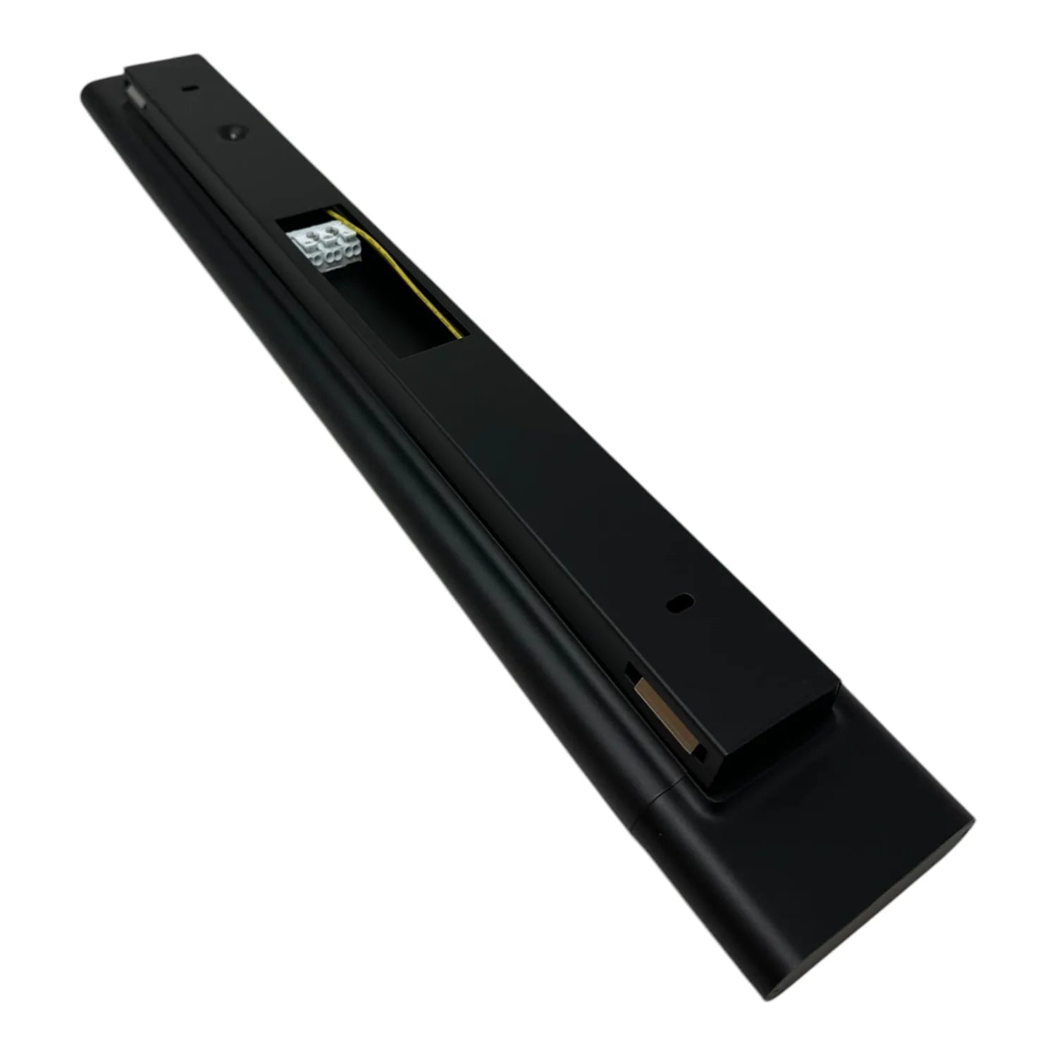 Black linear LED batten light with integrated fixture and yellow accent strip, angled product view against white background.
