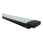 Black LED batten light with translucent diffuser, angled product shot on white background.