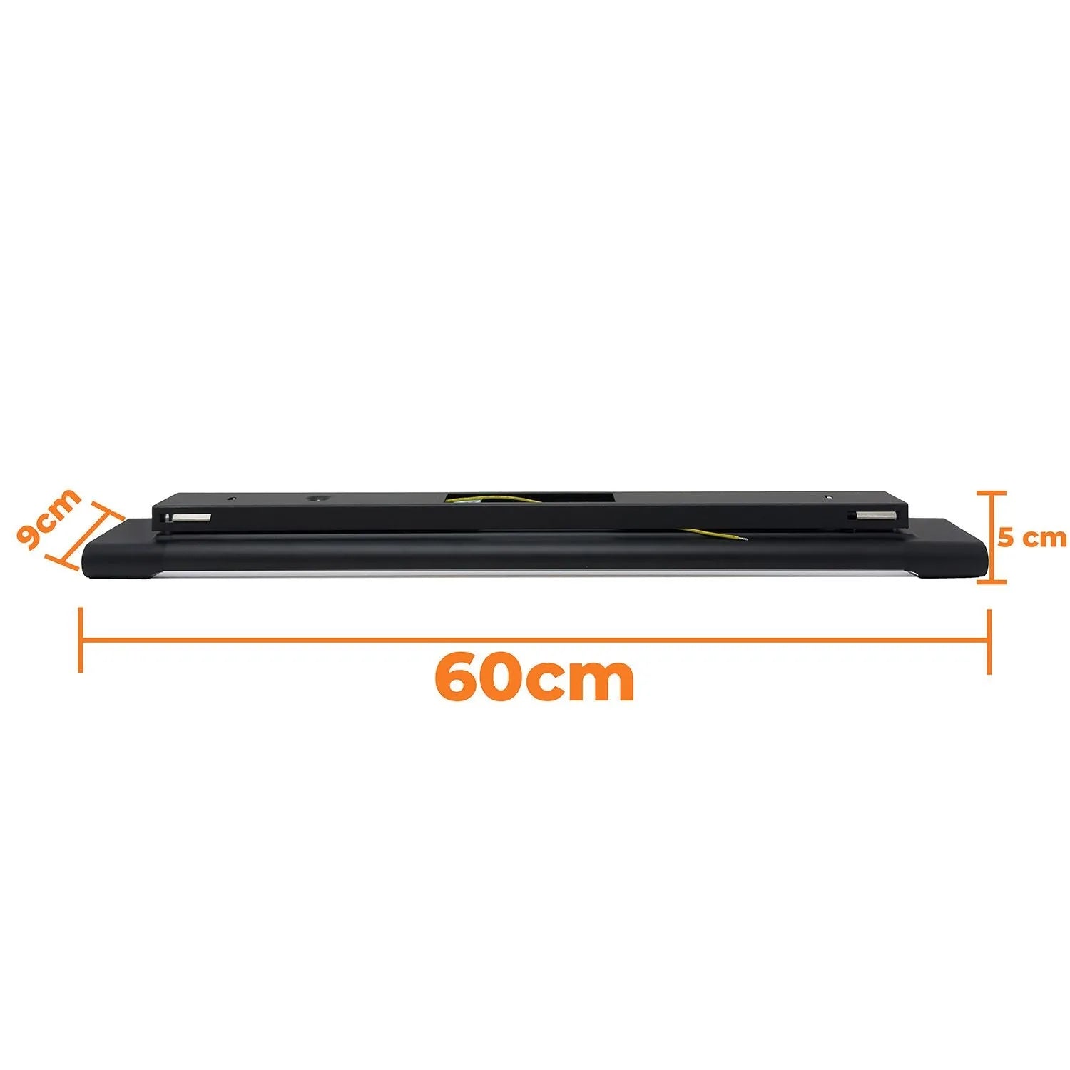 Black LED batten light with dimension diagram showing 60cm length, 9cm depth, and 5cm height.