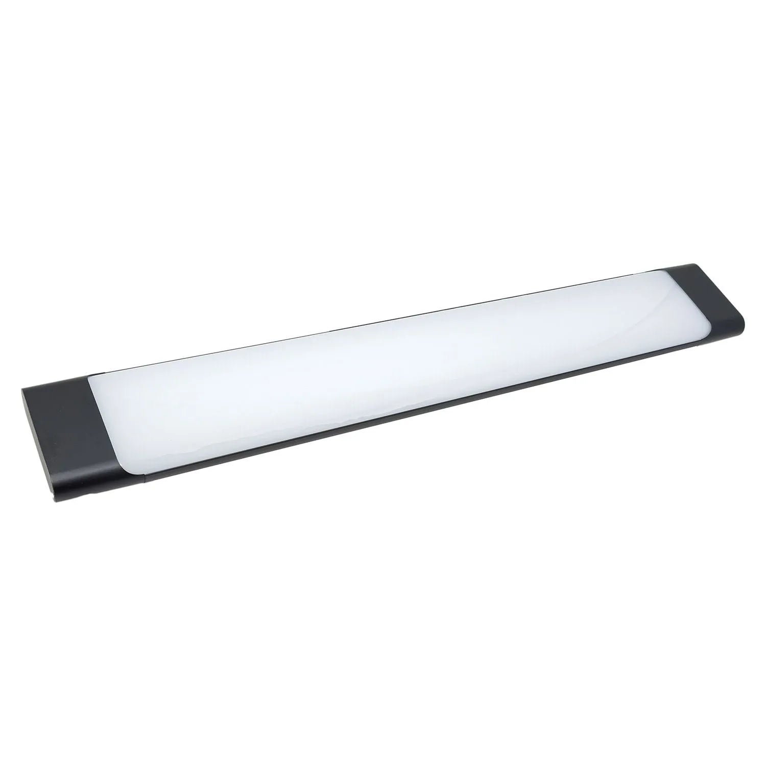 Linear LED batten light with white diffuser and black end caps, angled product shot on white background.
