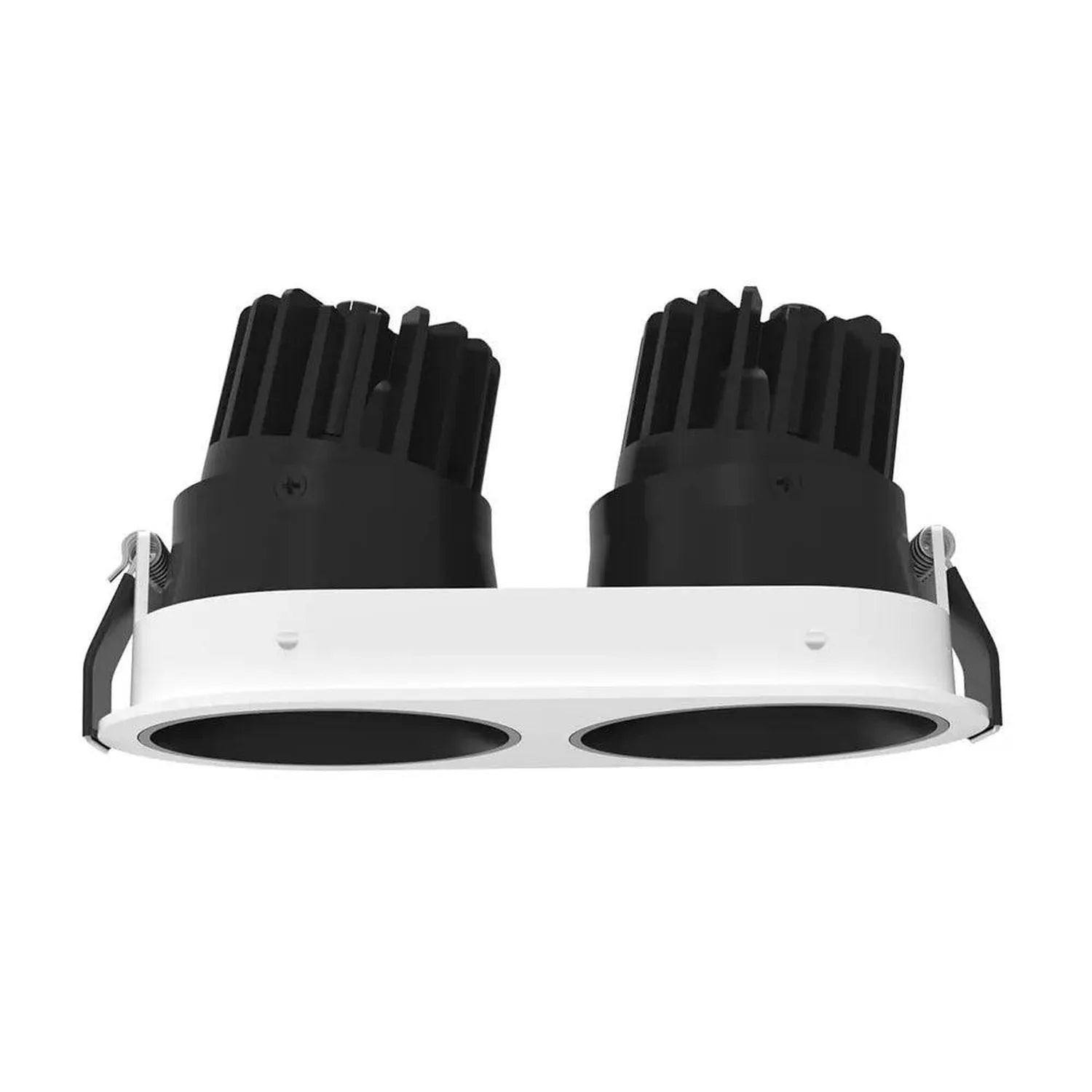 White recessed LED downlight with dual black lamp heads and trim ring, front view product photo.