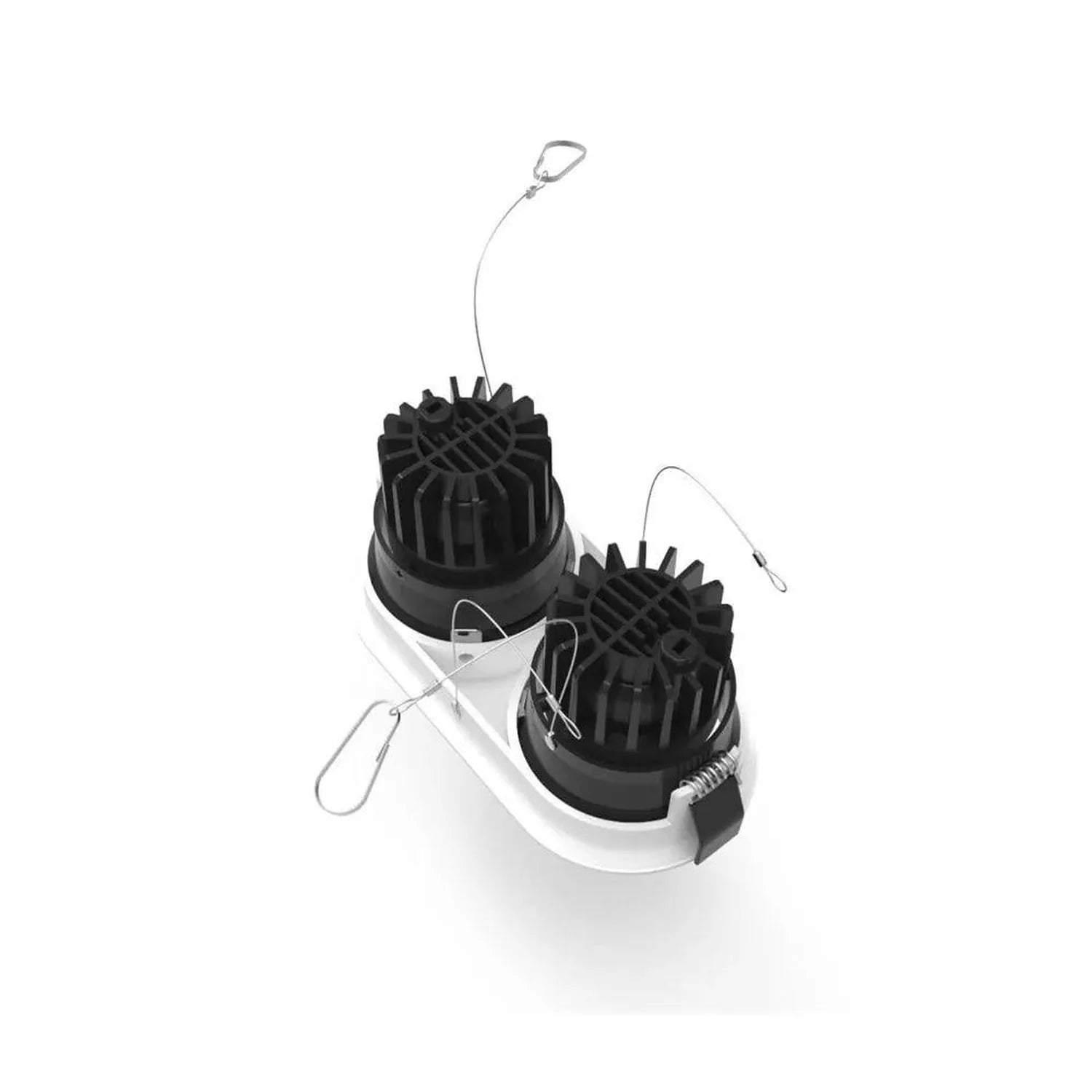 Twin LED downlight fixture with black ribbed heat sinks mounted in white trim ring, featuring adjustment wires and connector 
