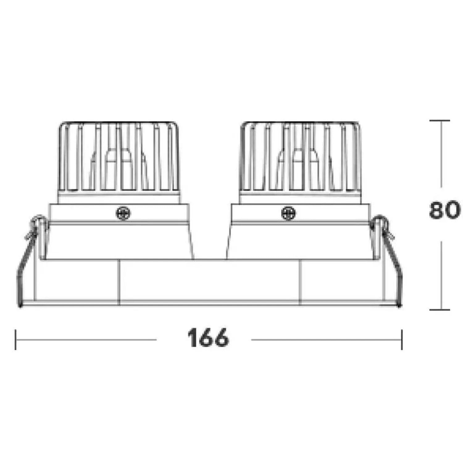 Dimension diagram of LED twin spot downlight showing front view with 166mm width and 80mm height measurements.