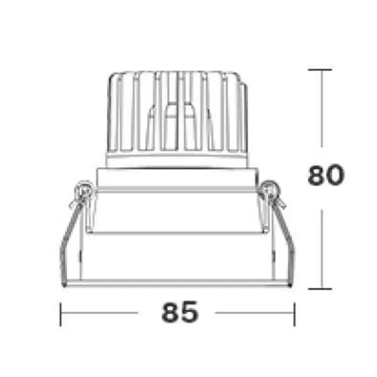 Dimension diagram of LED downlight showing 85mm width and 80mm height with mounting brackets and ribbed lamp head.