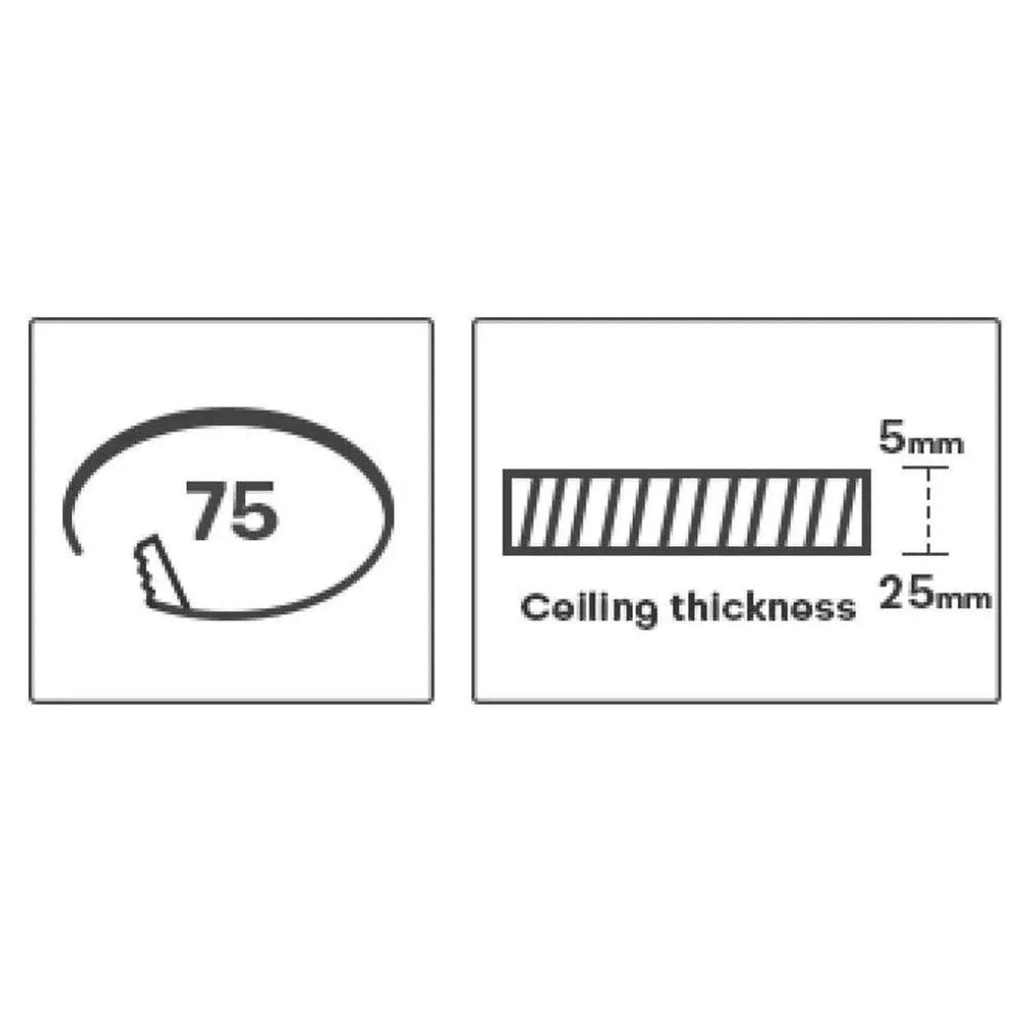 Dimension diagram showing 75-millimeter diameter and ceiling thickness of 25 millimeters with 5-millimeter clearance required