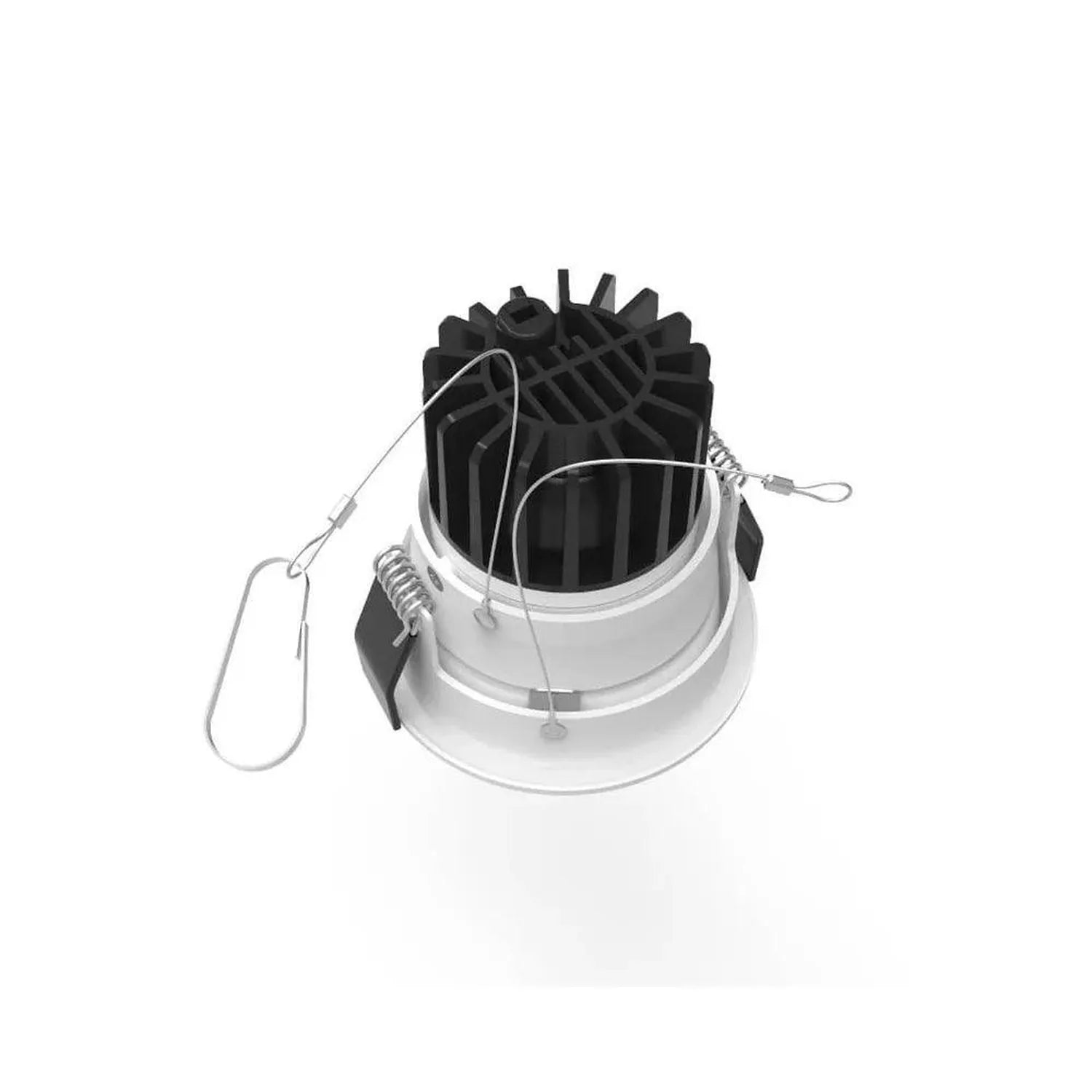 Exploded view of LED downlight showing black radiator fins, white trim ring with mounting clips, and suspended cable assembly