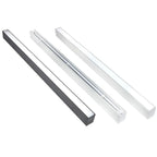 Three LED light fittings displayed at angles: dark gray, white with visible internal components, and frosted white finishes.
