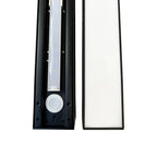 Top-down view of black LED light fitting with frosted diffuser panel and control button, showing installation details.