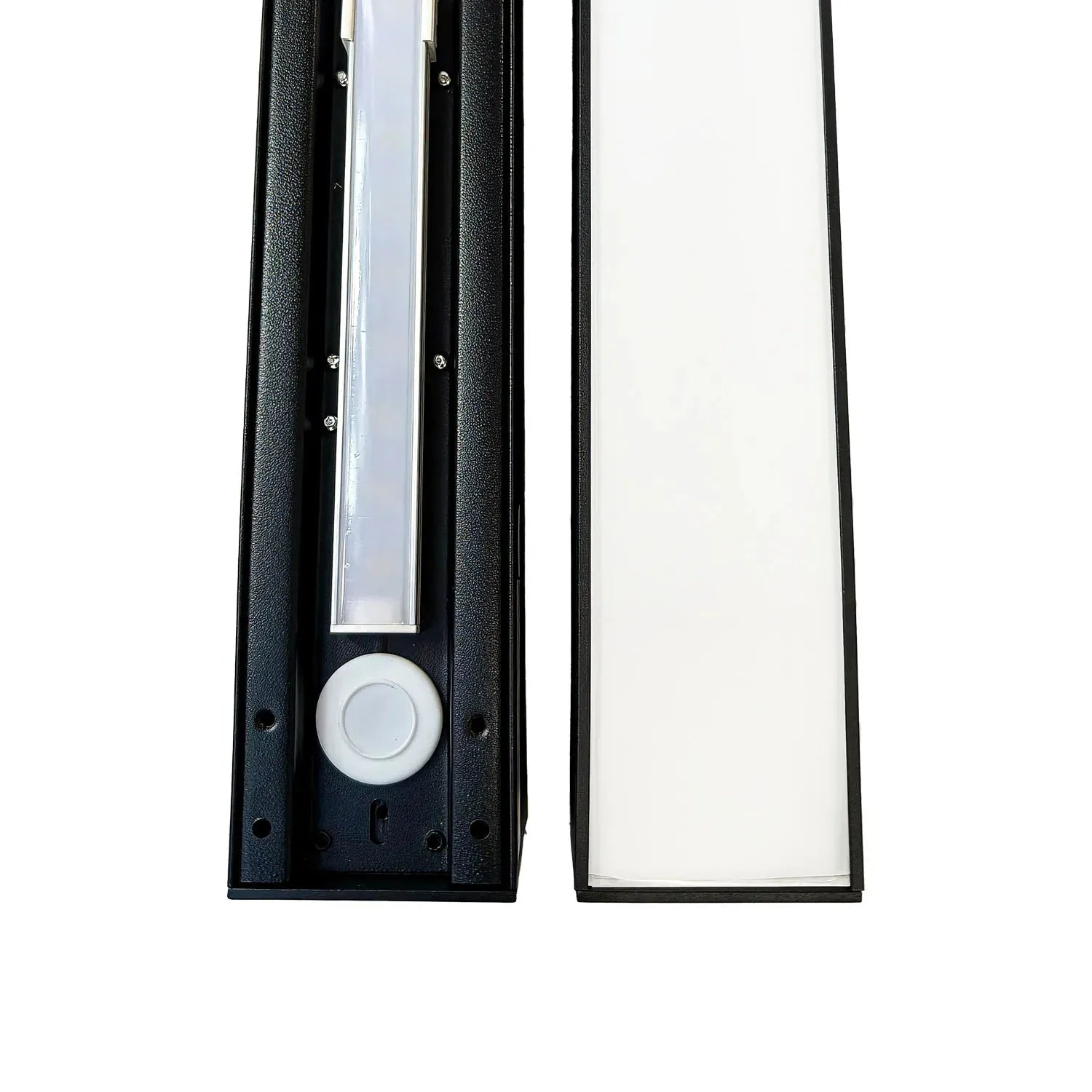 Top-down view of black LED light fitting with frosted diffuser panel and control button, showing installation details.