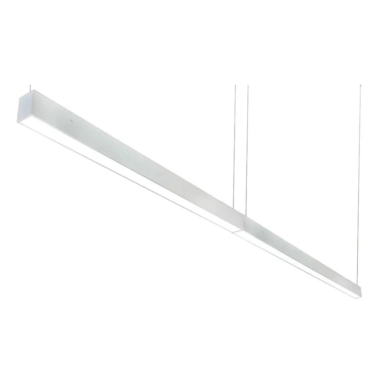 Long white LED pendant light fixture suspended by two cables, shown in isometric view against white background.
