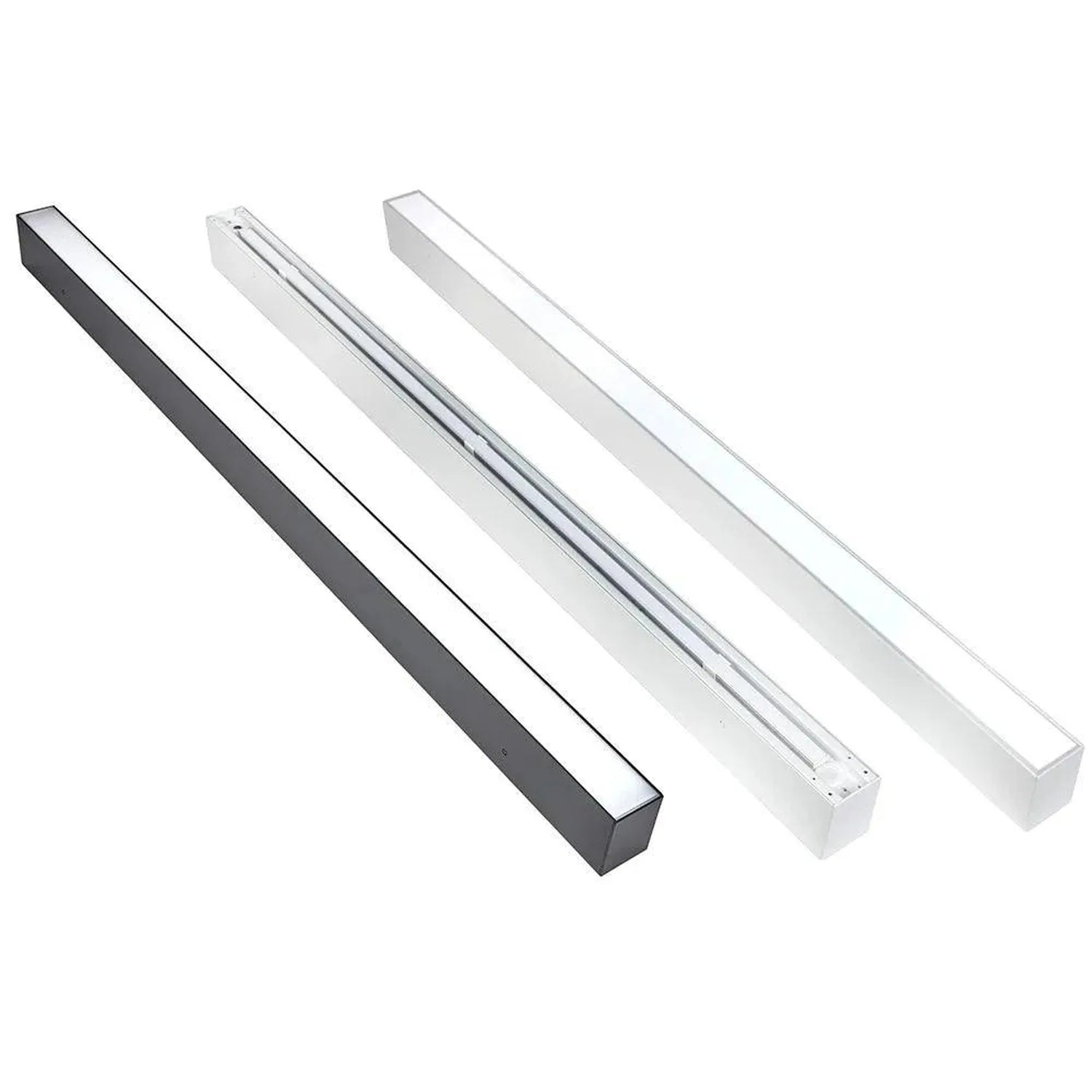 Three LED batten lights shown side by side in dark gray, light gray, and white finishes, displaying cylindrical form and inte