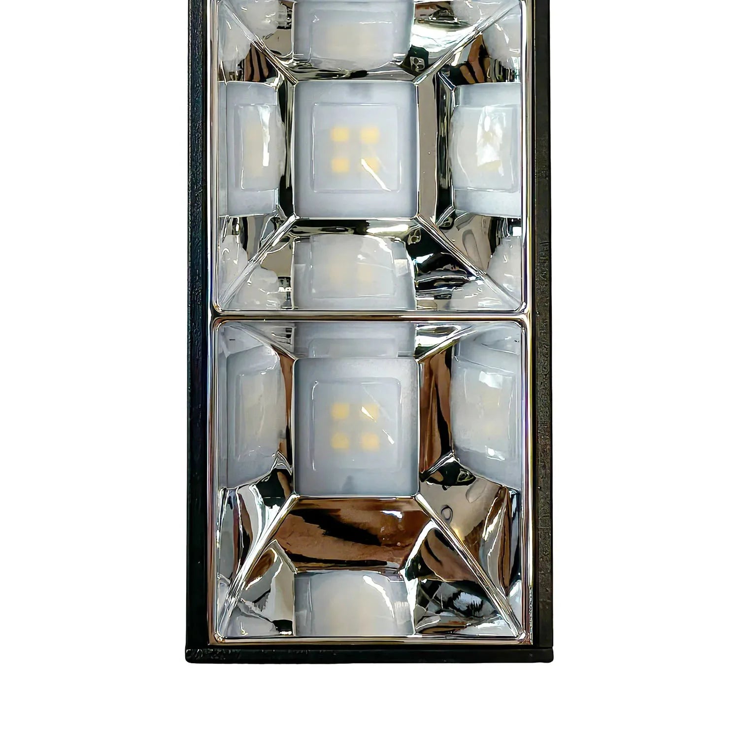 Top-down view of rectangular LED batten light fixture showing frosted panels with LED dots and chrome reflective housing.