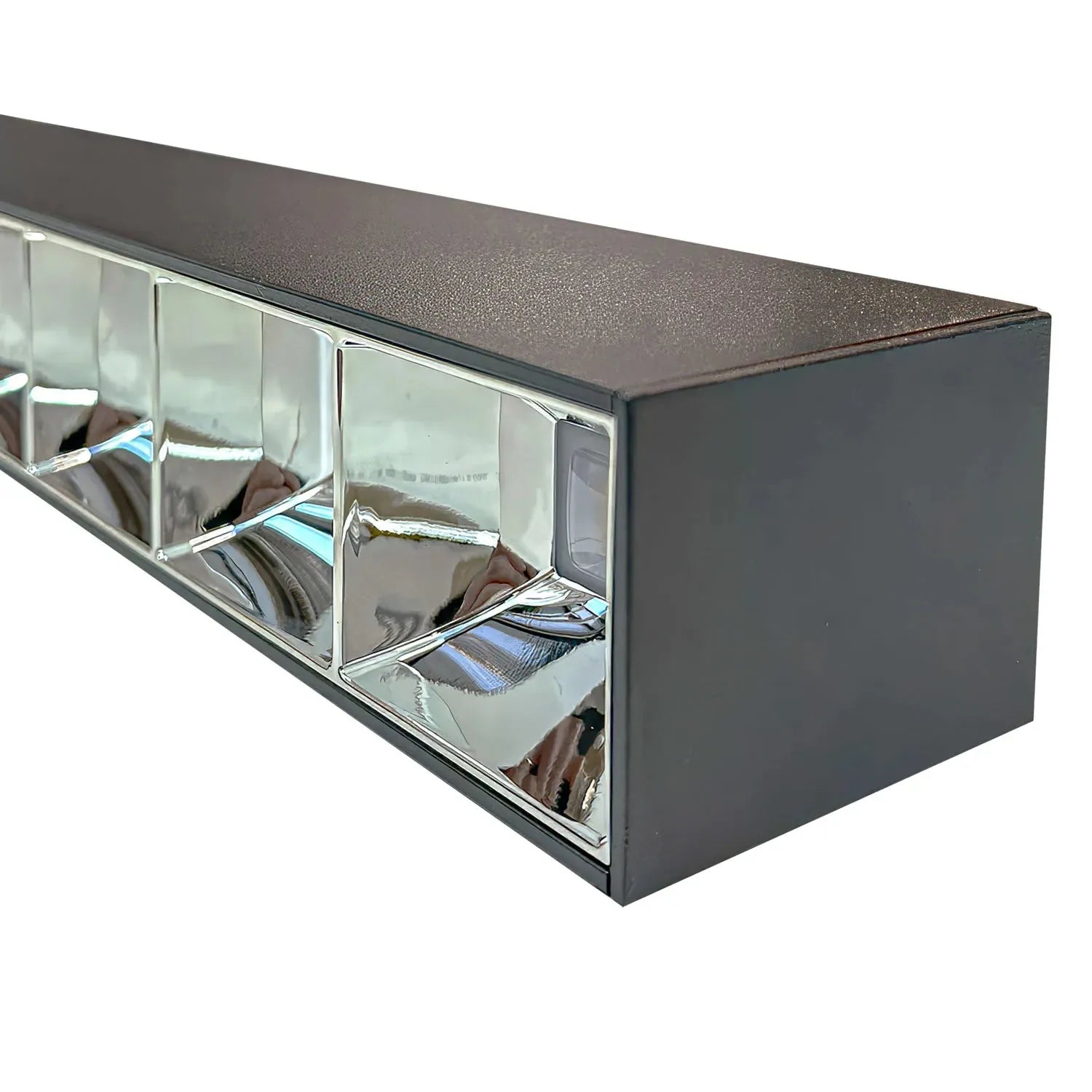 Dark gray wall-mounted storage organizer with four glass-fronted compartments containing folded textiles and accessories.