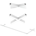 Exploded view of white LED fitting connectors showing L-shape, T-shape, X-shape, and linear components with metal mounting br