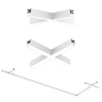 Exploded view of white LED fitting connectors showing L-shape, T-shape, X-shape, and linear components with metal mounting br