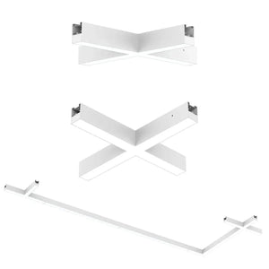 Exploded view of white LED fitting connectors showing L-shape, T-shape, X-shape, and linear components with metal mounting br