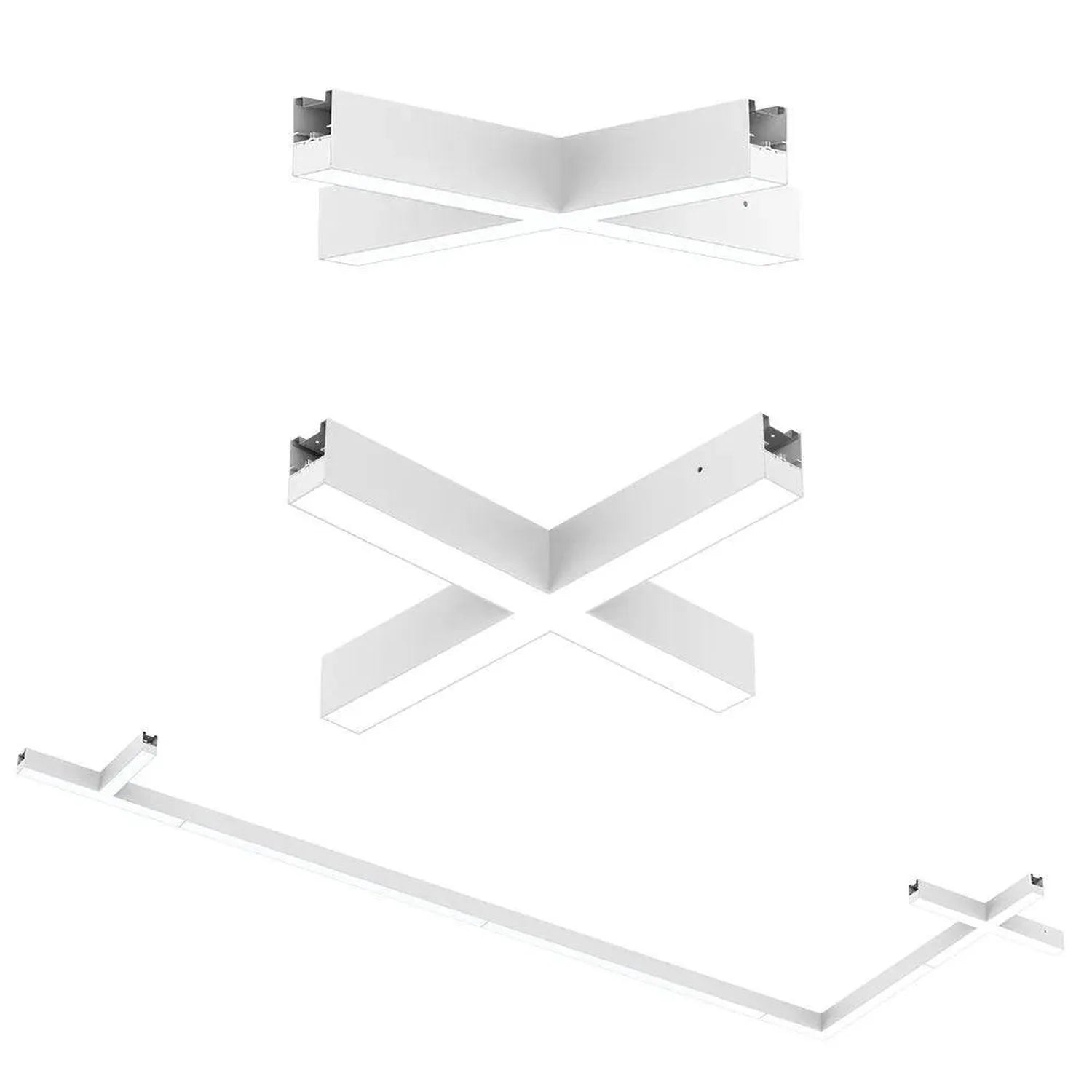 Exploded view of white LED fitting connectors showing L-shape, T-shape, X-shape, and linear components with metal mounting br