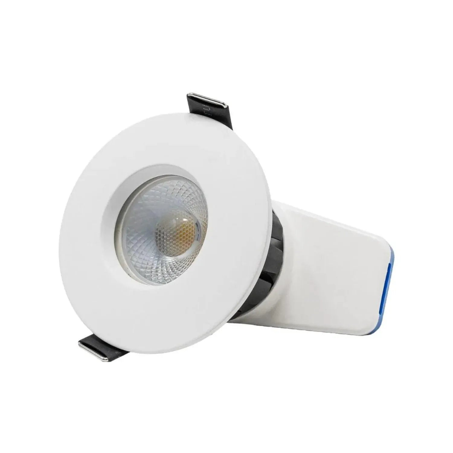 White recessed LED downlight with circular trim ring, reflective lens, and black mounting clips, shown at an angle against a 