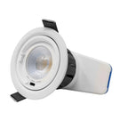 White recessed LED downlight with adjustable gimbal and visible COB light source, shown against white background.