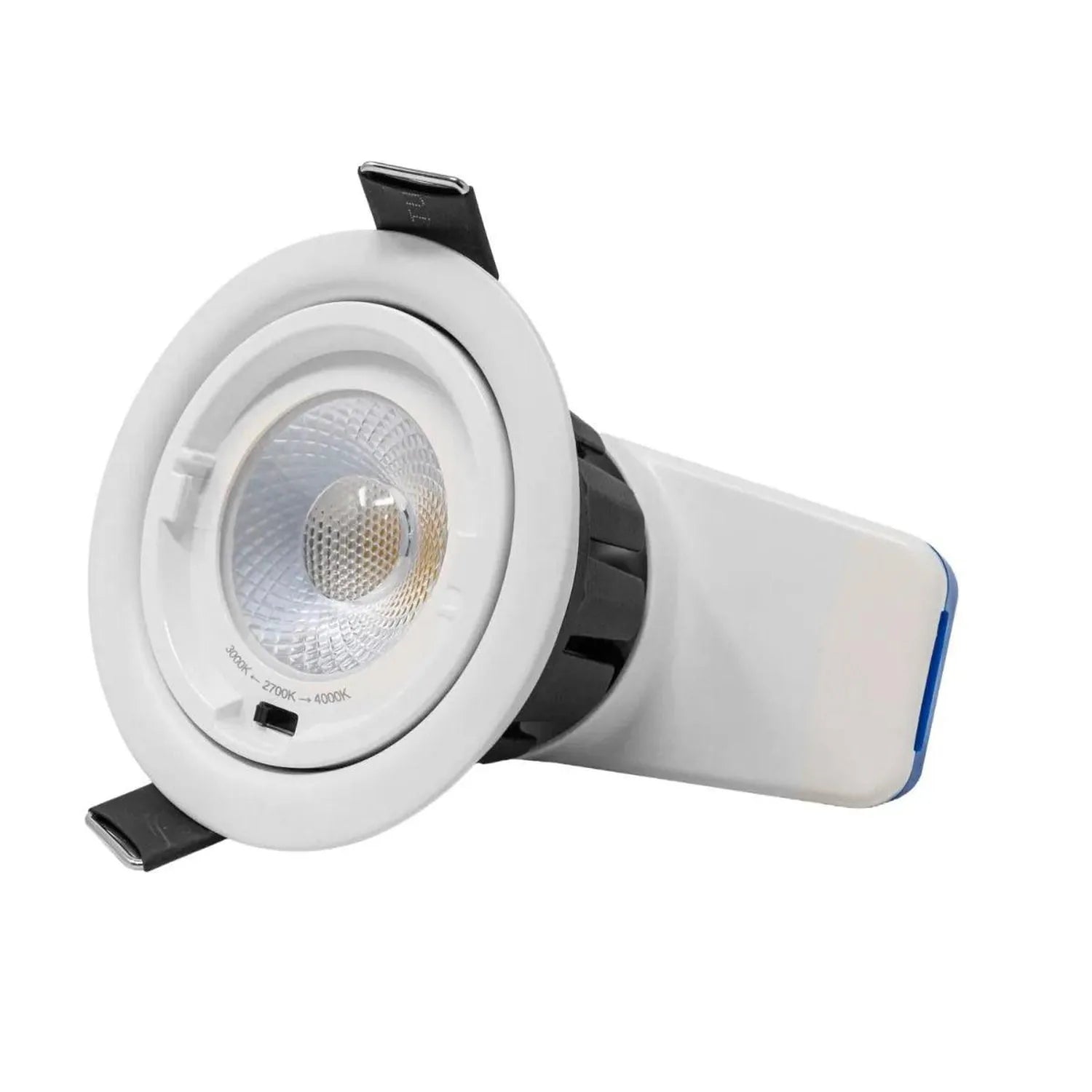 White recessed LED downlight with adjustable gimbal and visible COB light source, shown against white background.