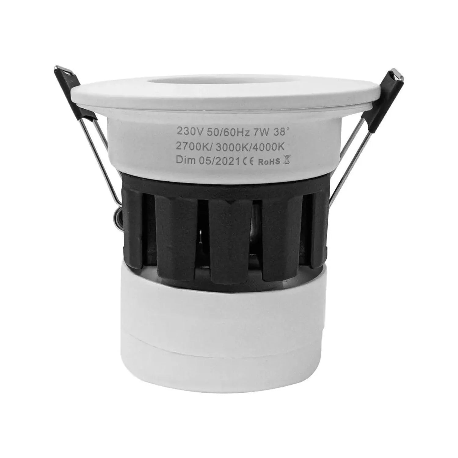 White recessed LED downlight with black trim ring and mounting brackets, shown from above against white background.