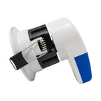 Calipso fire-rated LED downlight with white and blue housing, exposed internal spring mechanism and black mounting bracket, p