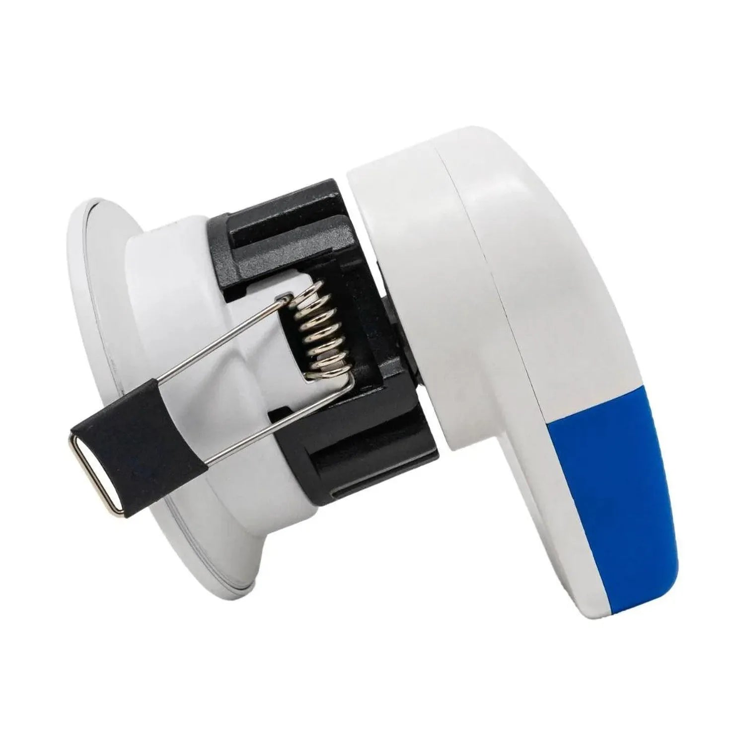 Calipso fire-rated LED downlight with white and blue housing, exposed internal spring mechanism and black mounting bracket, p
