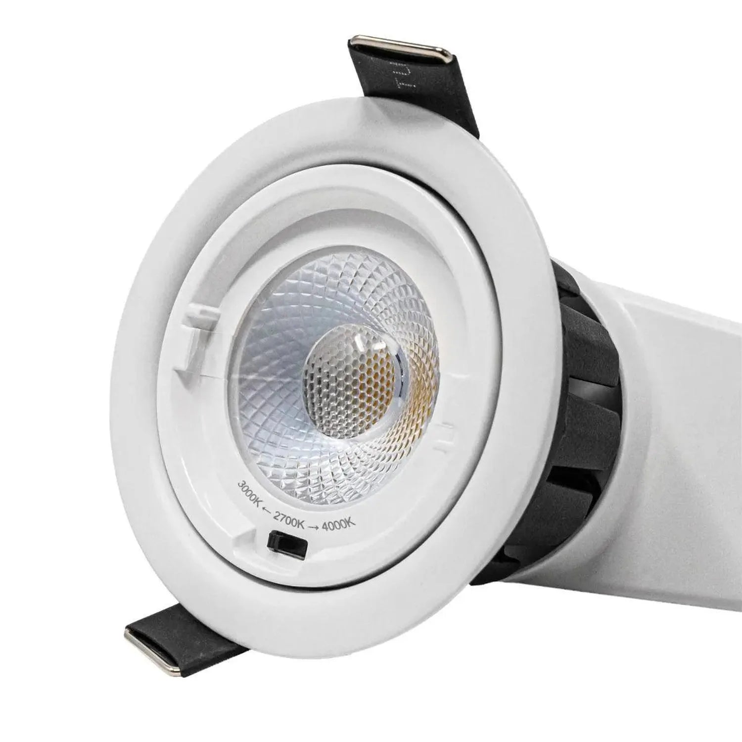 White recessed LED downlight with adjustable gimbal mount and reflector showing color temperature range 2700K to 4000K, produ