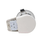 Calipso fire-rated LED downlight with white trim ring and exposed wiring terminals, shown from angled view displaying install