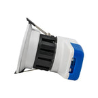 Calipso fire-rated LED downlight shown at an angle, revealing white housing with blue accent, black internal components, and 