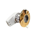 Fire-rated LED downlight with gold bezel and white mounting bracket, showing internal components and lamp housing against whi