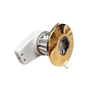 Fire-rated LED downlight with gold bezel and white mounting bracket, showing internal components and lamp housing against whi