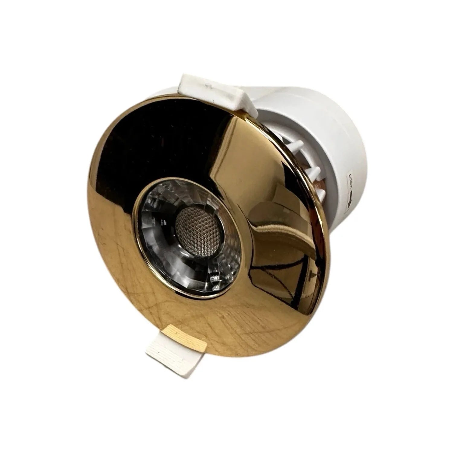 Gold bezel fire rated LED downlight with white trim ring and central lens, shown at angle against white background.